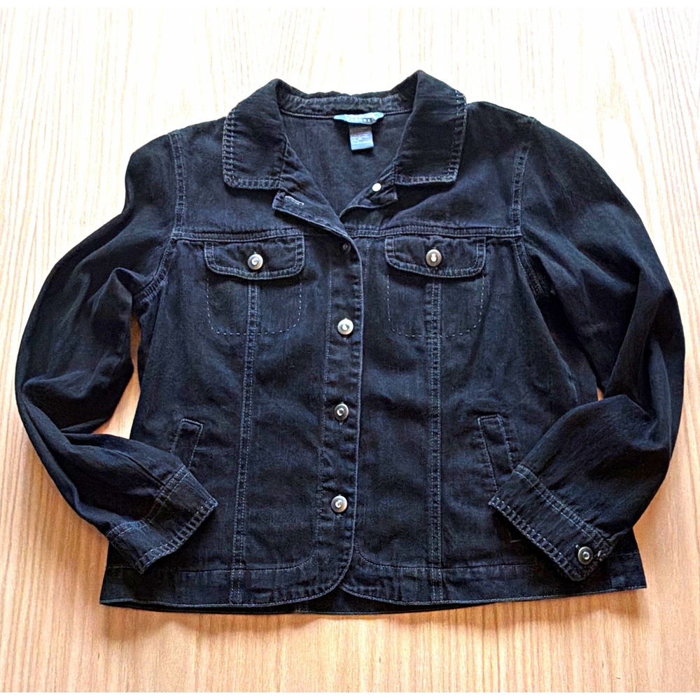City Blues Women’s 10P Petite Black Denim Jacket Button Front Pockets Long Slv